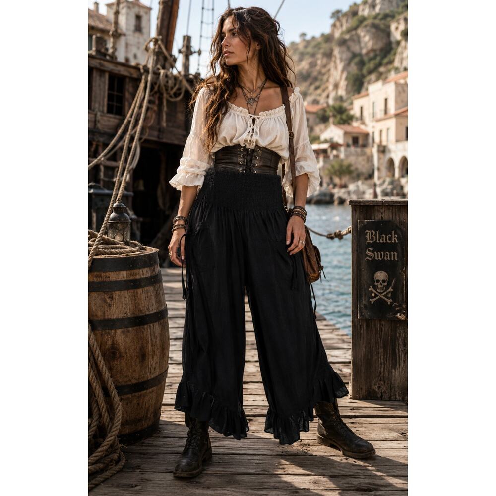 Zury Pirate Black Pants Free Size Costume Gauzy Retro Ruffle Halloween Cotton